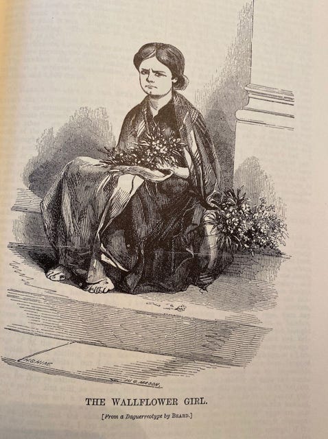 Victorian engraving of a child selling flowers
