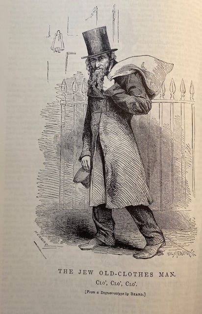 Victorian engraving of a man scrounging old clothes to sell