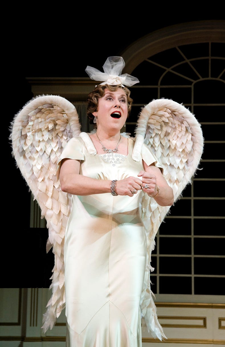Judy Kaye as Florence Foster Jenkins, dressed in angel wings, singing the Ave Maria at the climax of the Carnegis Hall recital in Souvenir.